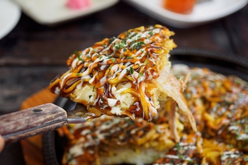 okonomiyaki in hiroshima on cycling tour japan